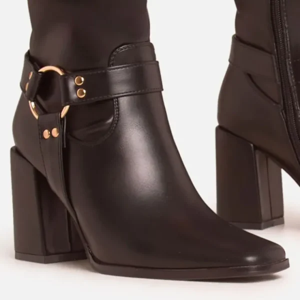 Outlet Lara Ring Detail Pointed Square Toe Block Heel Knee High Long Boot In Black Faux Leather Winter Boots | Biker Boots
