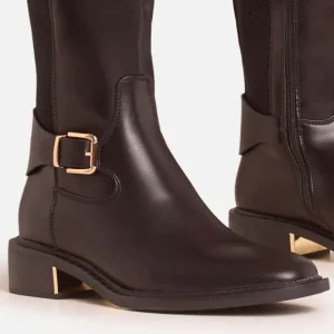 Best Latte Buckle Detail Gold Plate Knee High Long Boot In Faux Leather BOY Winter Boots | Biker Boots