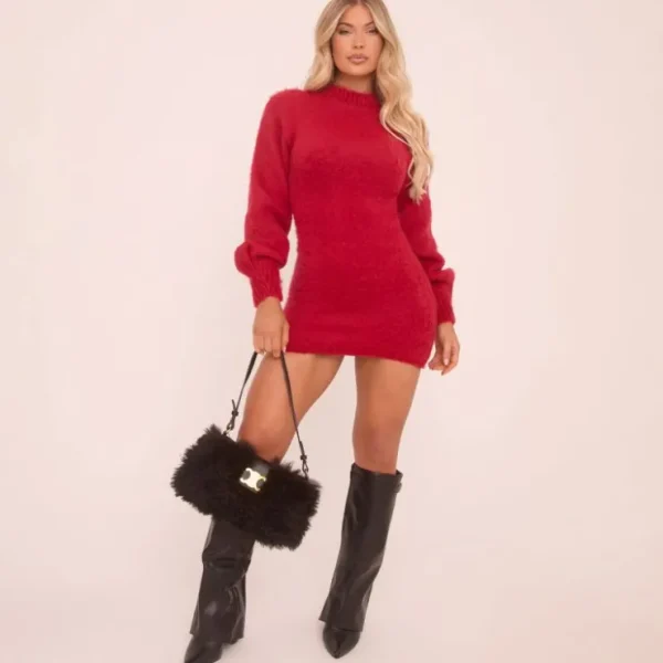 Flash Sale Long Balloon Sleeve Jumper Dress In Red Fluffy Knit Winter Dresses | Knitted Dresses