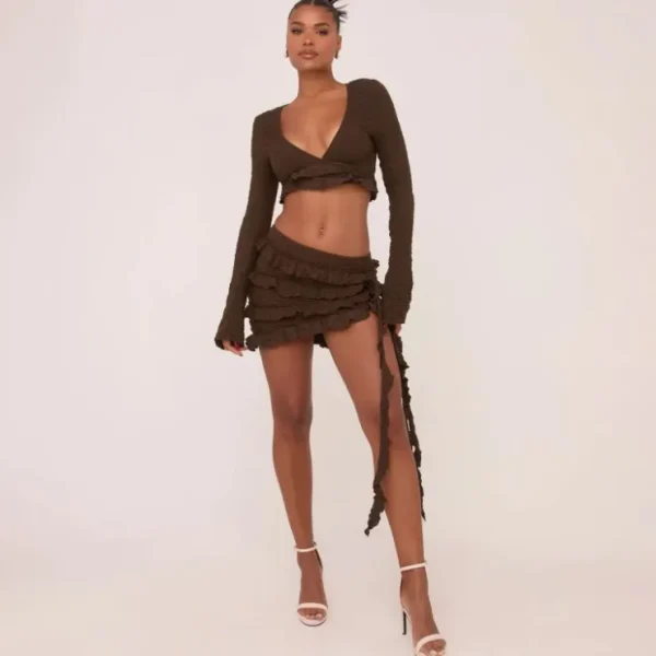 Best Sale Long Flared Sleeve Plunge Frilly Crop Top In Chocolate Brown Texture Crop Tops