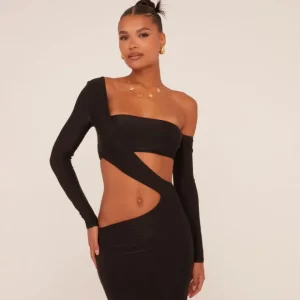Clearance Long Sleeve Asymmetric Shoulder Cut Out Maxi Dress In Black Slinky Winter Going Out | Maxi Dresses