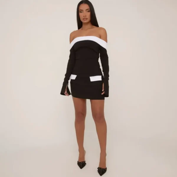 Hot Long Sleeve Bardot Contrast Pocket Detail Mini Dress In Black Mini Dresses | Long Sleeve Dresses