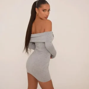 Online Long Sleeve Bardot Knot Detail Mini Bodycon Dress In Grey Dresses | Mini Dresses