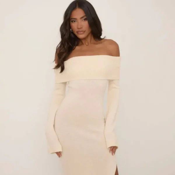 Clearance Long Sleeve Bardot Side Split Maxi Dress In Stone Soft Knit Knitwear | Knitwear