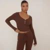 Best Sale Long Sleeve Button Front Top And High Waist Wide Leg Trousers Pyjama Set In Brown Nightwear & Lingerie