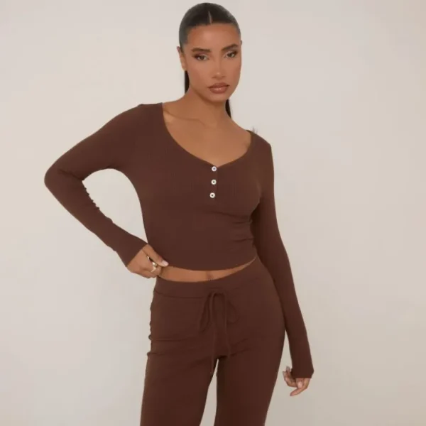Best Sale Long Sleeve Button Front Top And High Waist Wide Leg Trousers Pyjama Set In Brown Nightwear & Lingerie