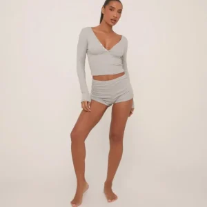 New Long Sleeve Button Front Top And Shorts Pyjama Set In Grey Nightwear & Lingerie