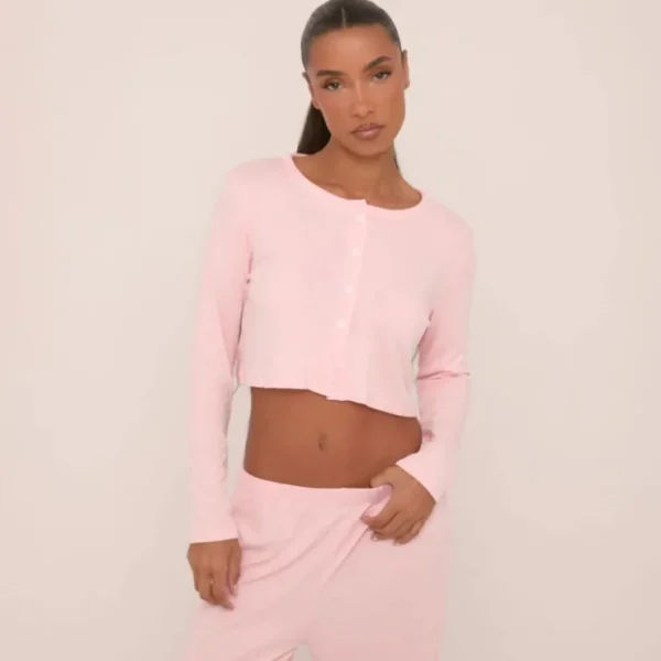 Best Long Sleeve Button Front Top And Wide Leg Trousers Pyjama Set In Pink Pointelle Nightwear & Lingerie