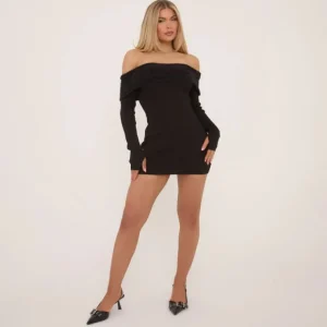 Shop Long Sleeve Contrast Fluffy Bardot Mini Dress In Black Knit Knitwear | Knitwear