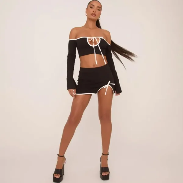 Store Long Sleeve Contrast Trim Tie Front Crop Top In Black Matching Sets | Skirt And Top Sets
