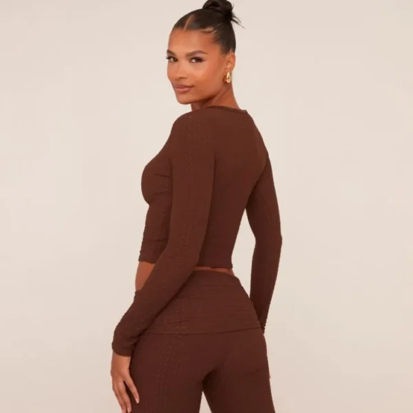 New Long Sleeve Crew Neck Crop Top In Brown Texture Long Sleeve Tops | Crop Tops