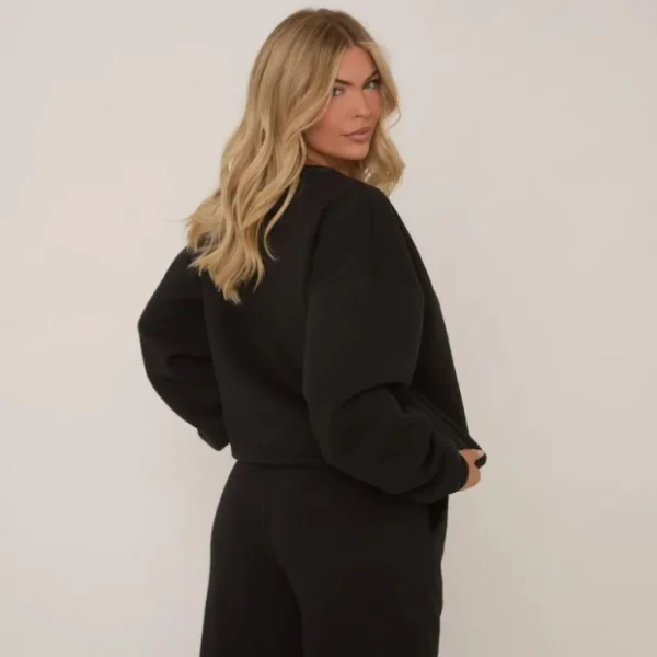 Discount Long Sleeve Crew Neck Fluffy Swirl Detail Sweatshirt In Black Basic Tops
