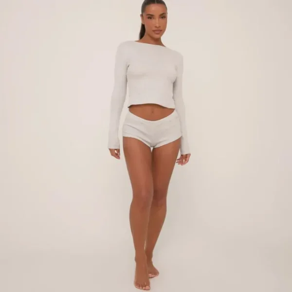 Clearance Long Sleeve Crew Neck Pyjama Top In Grey Waffle Loungewear | Loungewear