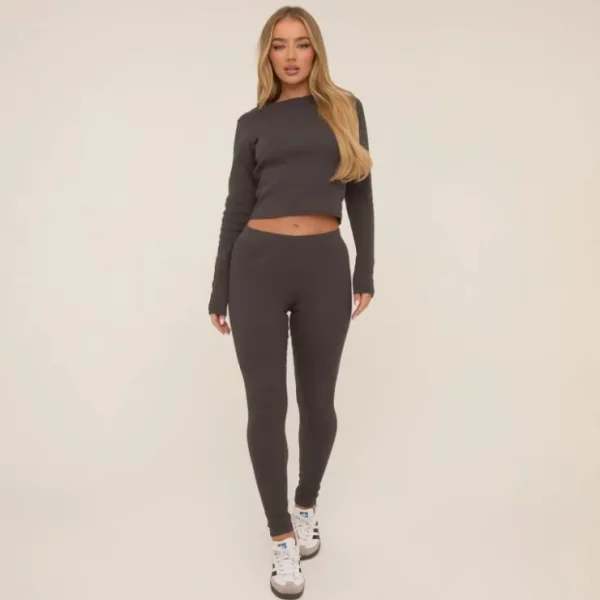 Cheap Long Sleeve Crew Neck Top In Charcoal Ribbed Matching Sets | Loungewear