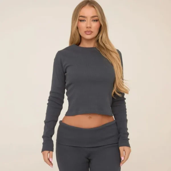 Cheap Long Sleeve Crew Neck Top In Midnight Blue Ribbed Matching Sets | Tops