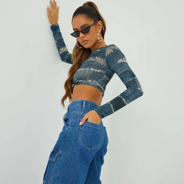 Best Sale Long Sleeve Crop Top In Denim Printed Slinky Denim | Long Sleeve Tops