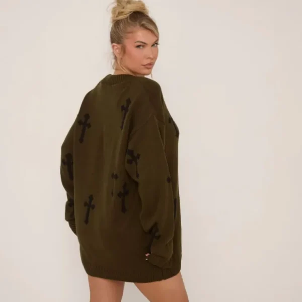 Shop Long Sleeve Cross Patch Detail Oversized Jumper In Dark Khaki Knit Knitted Dresses | Long Sleeve Dresses