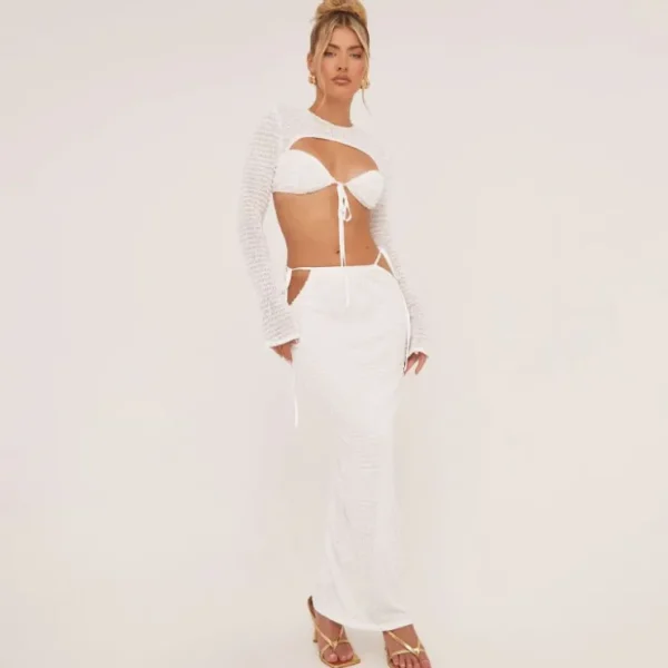 Online Long Sleeve Cut Out Tie Front Crop Top In White Texture Long Sleeve Tops | Crop Tops