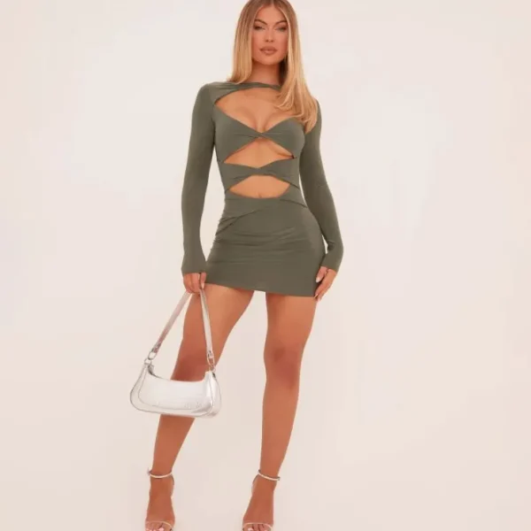 Hot Long Sleeve Cut Out Twist Front Mini Bodycon Dress In Slinky Mini Dresses | Sexy Dresses