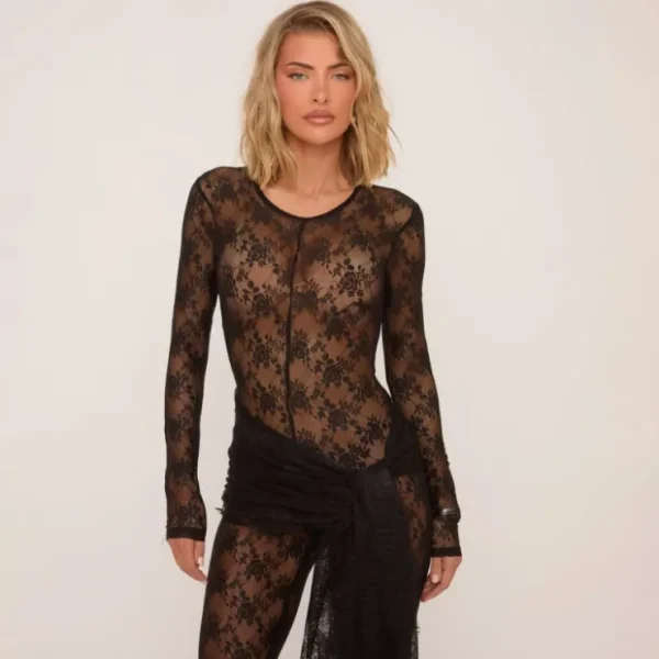 Fashion Long Sleeve Drape Detail Jumpsuit In Black Lace Jumpsuits & Playsuits | Party Outfits