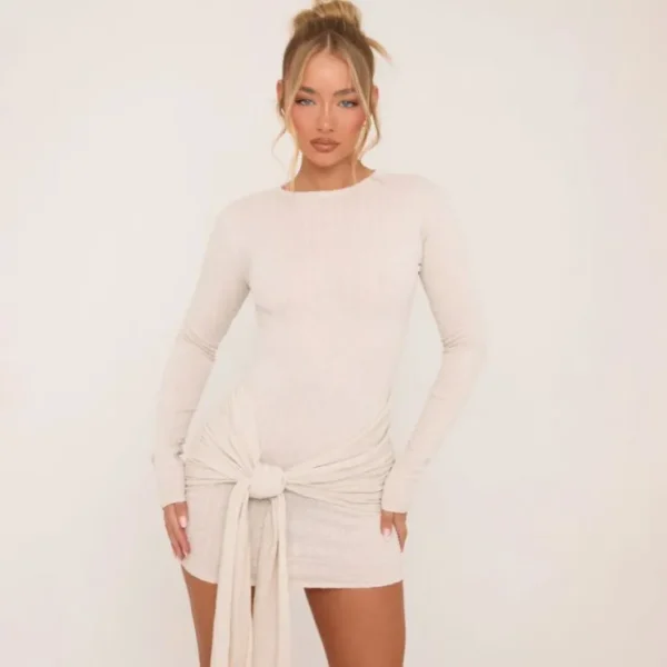 Sale Long Sleeve Drape Front Mini Bodycon Dress In Cream Rib Long Sleeve Dresses | Bodycon Dresses