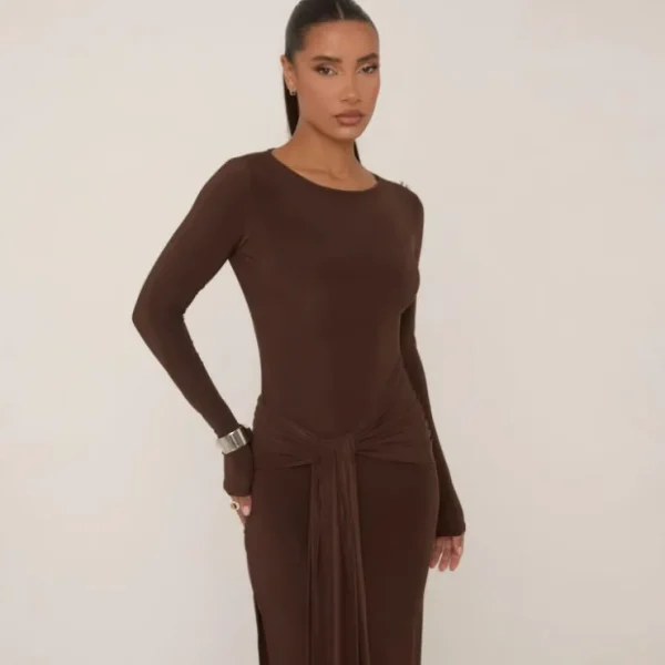 Clearance Long Sleeve Drape Waist Detail Maxi Dress In Chocolate Slinky Maxi Dresses