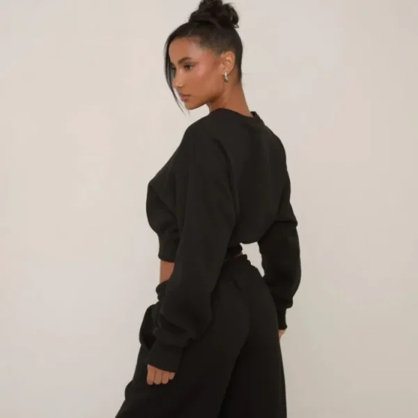 Shop Long Sleeve Embroidered Detail Cropped Sweatshirt In Black Matching Sets | Tracksuits