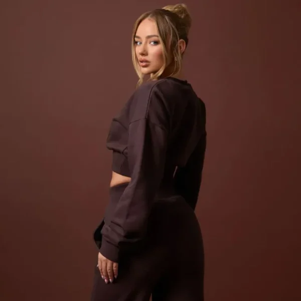 Clearance Long Sleeve Elasticated Waist Detail Cropped Sweater In Chocolate Brown Matching Sets | Basics