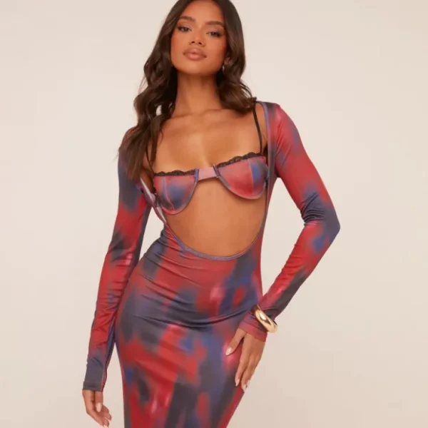Clearance Long Sleeve Extreme Plunge Maxi Dress With Matching Lace Trim Bra In Red Abstract Mesh Long Sleeve Dresses