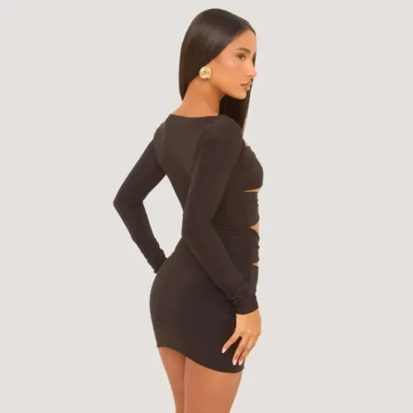 Fashion Long Sleeve Gold Trim Detail Cut Out Front Mini Bodycon Dress In Black Slinky Long Sleeve Dresses | Cut Out Dresses