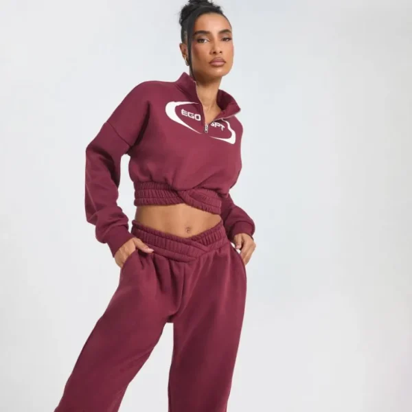 New Long Sleeve Half Zip ' Sport' Graphic Print Cropped Sweatshirt In Burgundy Matching Sets | Loungewear
