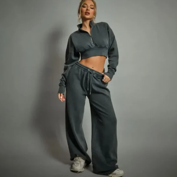 Discount Long Sleeve High Neck Half Zip Cropped Sweater In Grey Acid Wash Tracksuits | Sweatsuits