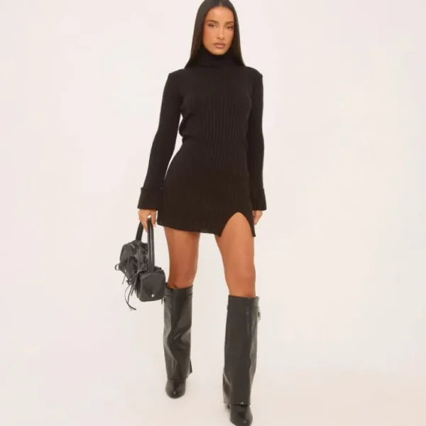 Sale Long Sleeve High Neck Split Leg Mini Dress In Black Knit Dresses | Knitwear