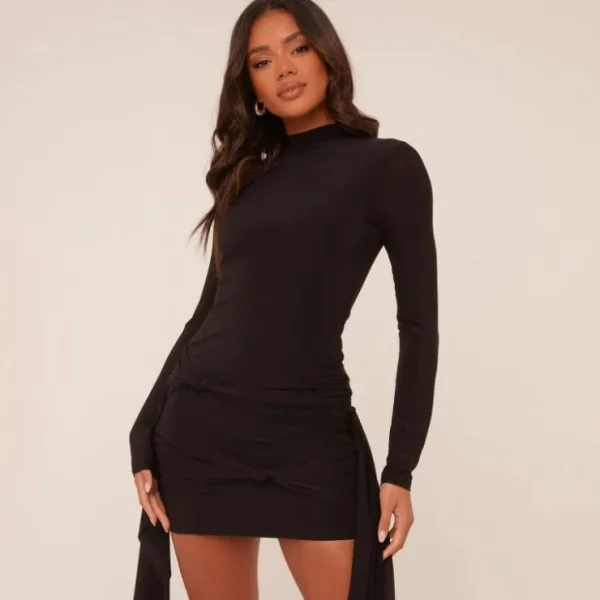 Outlet Long Sleeve High Neck Wrap Waist Detail Mini Bodycon Dress In Slinky Dresses | Winter Going Out