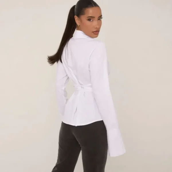 Shop Long Sleeve Hook And Eye Tie Detail Shirt In White Tops