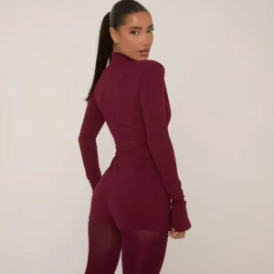 Sale Long Sleeve Keyhole Cut Out Shoulder Pad Playsuit In Burgundy Jumpsuits & Playsuits