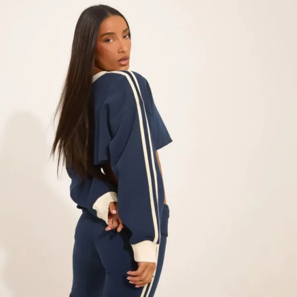 Best Sale Long Sleeve League Graphic Contrast Stripe Cropped Sweater In Navy Blue Loungewear | Loungewear