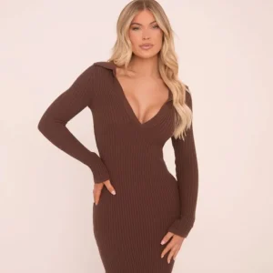 Store Long Sleeve Low Plunge Polo Maxi Dress In Chocolate Brown Rib Knit Winter Dresses | Knitted Dresses