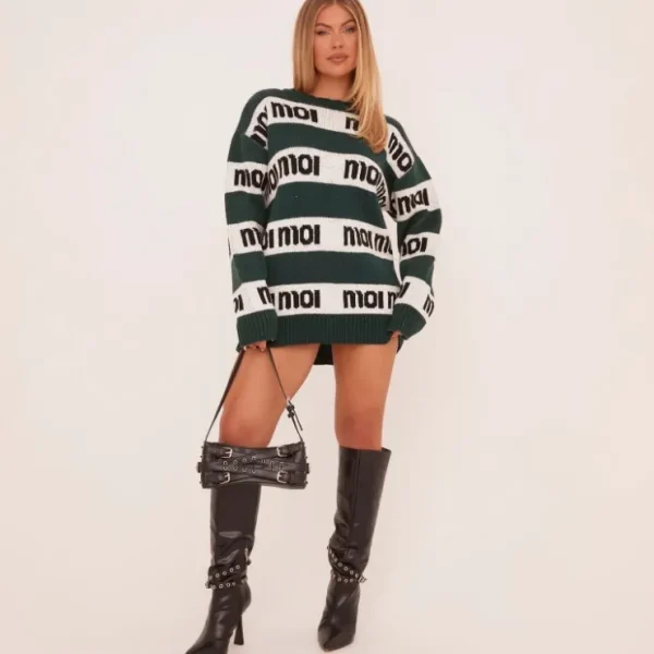 New Long Sleeve Moi Moi Oversized Jumper Dress In Green Stripe Knit Winter Dresses | Knitted Dresses