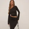 Sale Long Sleeve Off The Shoulder Top And Low Rise Ruched Detail Maxi Skirt Co-Ord Set In Black Slinky Basics | Basics
