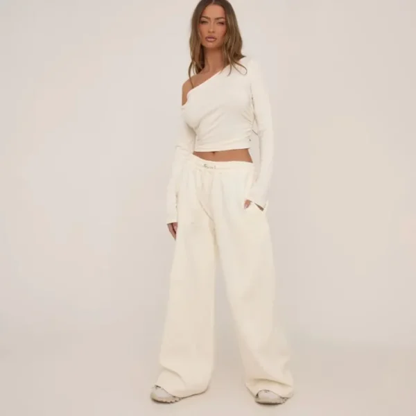 Store Long Sleeve Off The Shoulder Ruched Top In Cream Tops | Basics