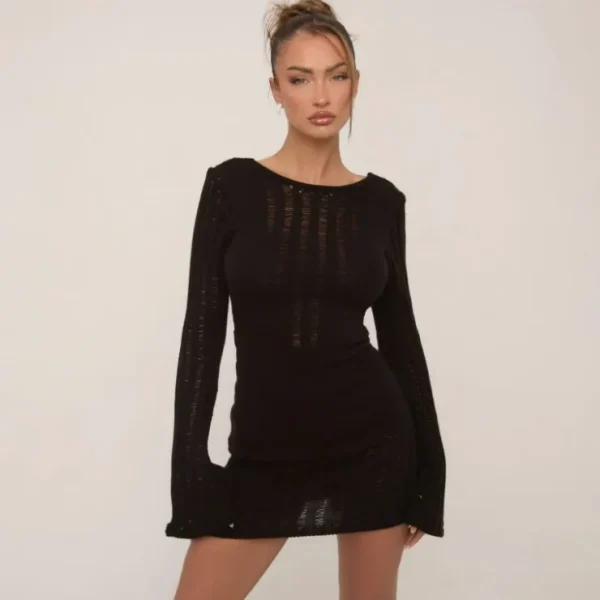 Cheap Long Sleeve Open Back Mini Dress In Black Ladder Knit Knitwear | Knitwear
