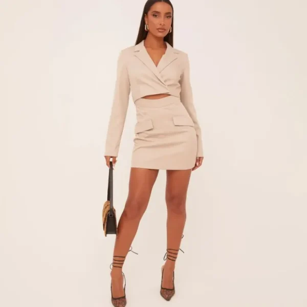 Hot Long Sleeve Overlay Detail Blazer Dress In Stone Woven Blazers | Long Sleeve Dresses