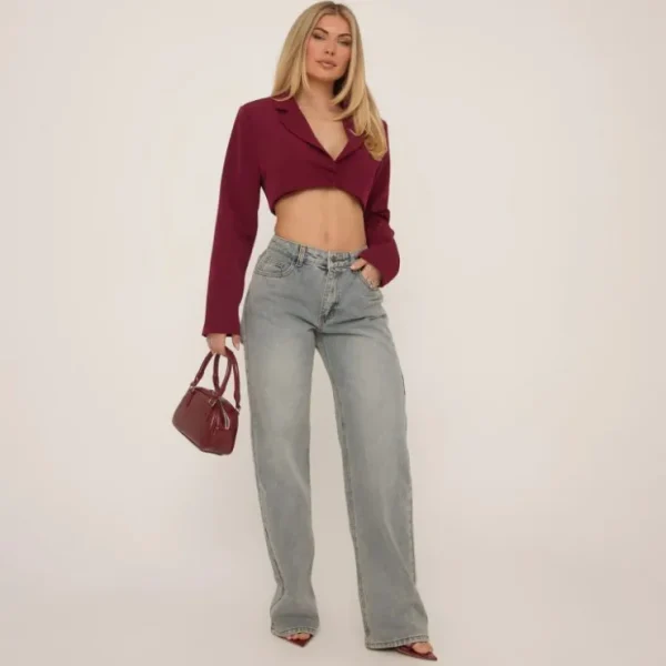 Cheap Long Sleeve Oversized Cropped Blazer In Burgundy Coats & Jackets | Winter Outfits