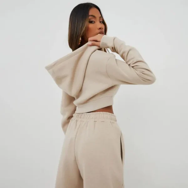 Shop Long Sleeve Oversized Zip Detail Cropped Hoodie In Beige Matching Sets | Basics