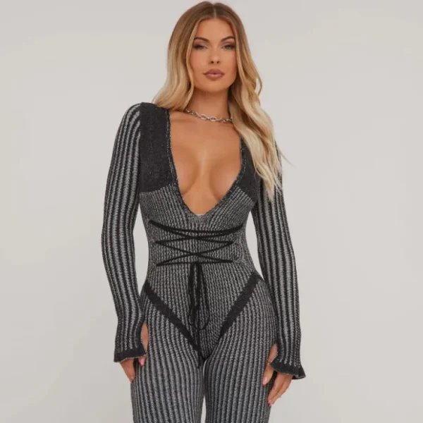 Fashion Long Sleeve Plunge Strappy Waist Detail Split Leg Jumpsuit In Contrast Rib Knit Jumpsuits & Playsuits | Knitwear
