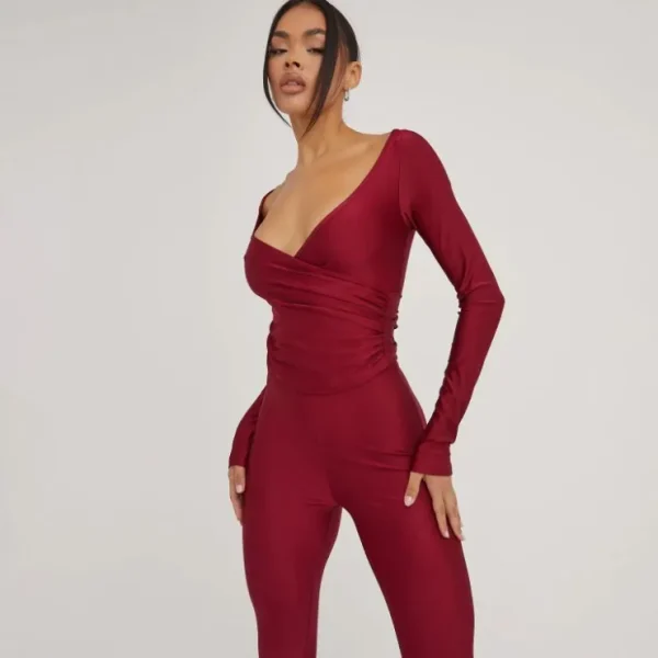 Sale Long Sleeve Plunge Wrap Detail Top And Leggings Co-Ord Set In Slinky Matching Sets | Winter Matching Sets