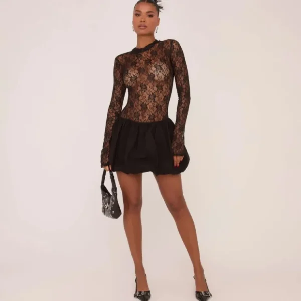 Clearance Long Sleeve Puffball Mini Dress In Black Lace Long Sleeve Dresses