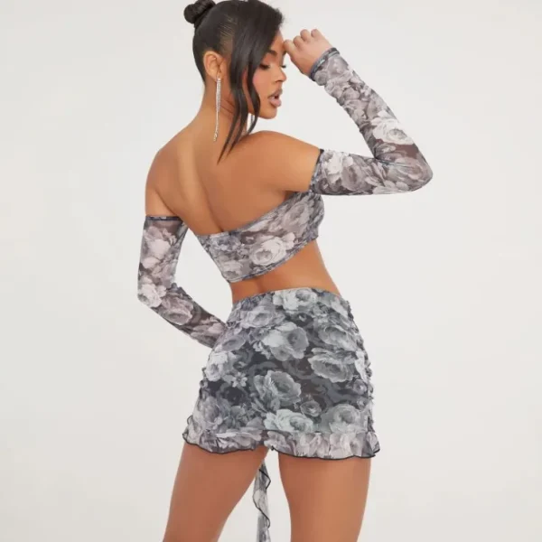 Outlet Long Sleeve Ruched Frill Hem Detail Crop Top In Grey Rose Print Mesh Long Sleeve Tops | Crop Tops
