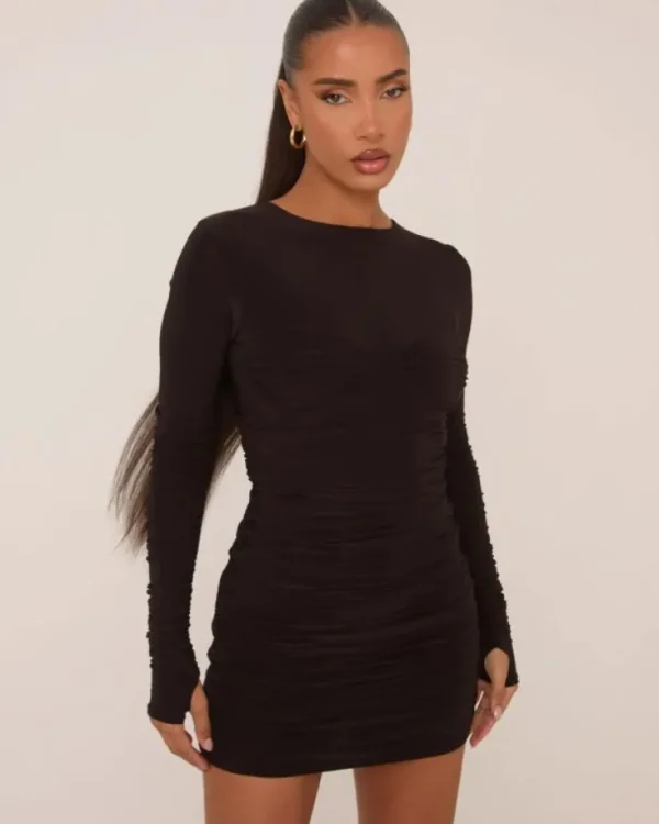 Shop Long Sleeve Ruched Seam Detail Mini Dress In Slinky Dresses | Mini Dresses